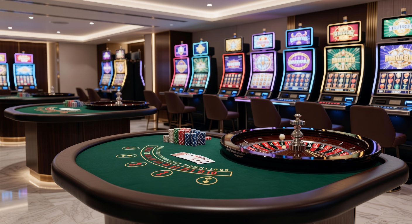 Verschiedene Casino-Spiele mit Karten, Chips und Roulette-Rad auf einem grünen Tisch