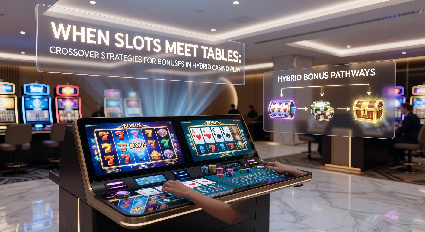 Grafik zeigt Crossover-Strategie mit Slots-Walzen und Blackjack-Tisch, verbunden durch Bonus-Pfeile